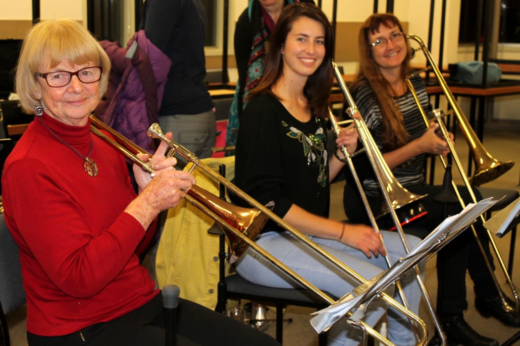 A photo of Jill Fenton (far left) who took up the trombone in her late 40s.