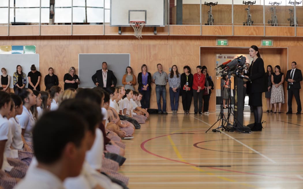 Prime Minister Jacinda Ardern speaking at Cashmere High School.