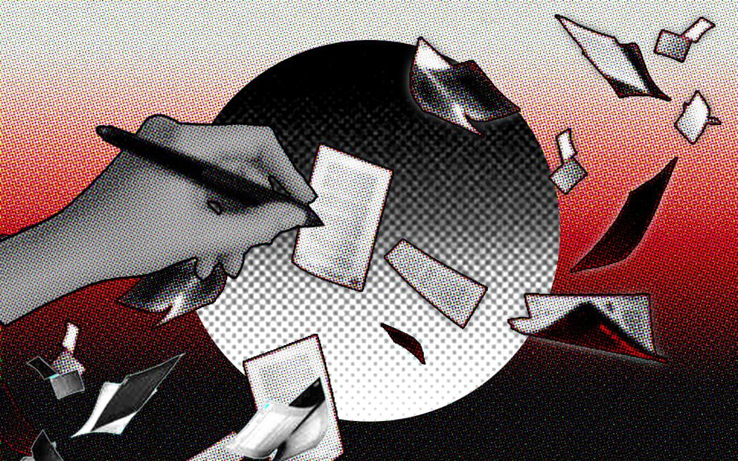 Documents and papers flying in the wind, with a hand signing them