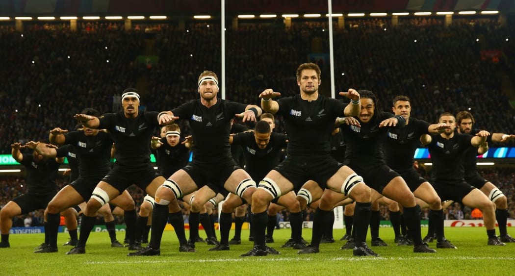 The All Blacks perform the haka before their RWC match against France in Cardiff.
