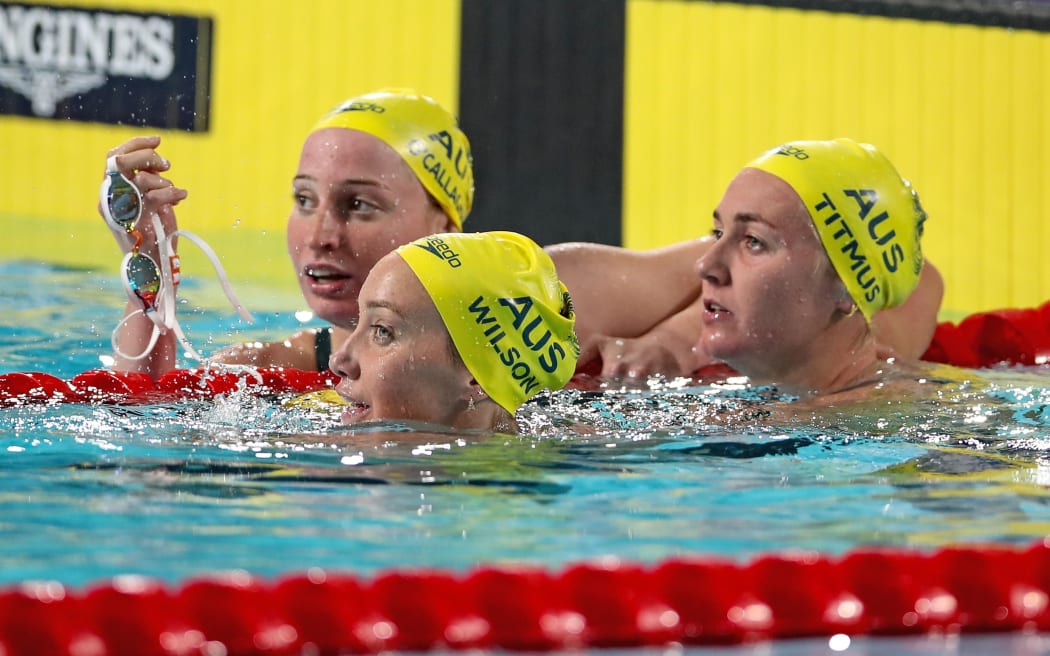 Australian swimmers Madison Wilson, Ariarne Titmus and Mollit O'Callaghan after the Women's 200m Freestyle Final Swimming at the Sandwell Aquatics Centre, England on Friday 29 July 2022.
Birmingham 2022 Commonwealth Games.
Mandatory credit: Matthew Impey / www.photosport.nz