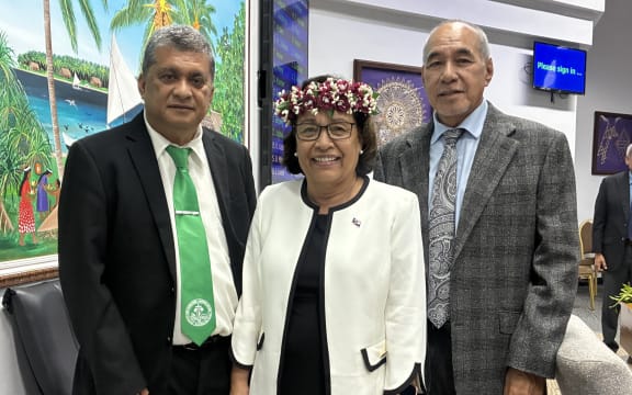 Marshall Islands President Hilda Heine, flanked by Speaker Brenson Wase, right, and parliament Chaplain Rev. Lawson Matauto, at Monday's opening session of parliament where she delivered strongly worded remarks supporting Taiwan's participation as a development partner in the Pacific Islands Forum