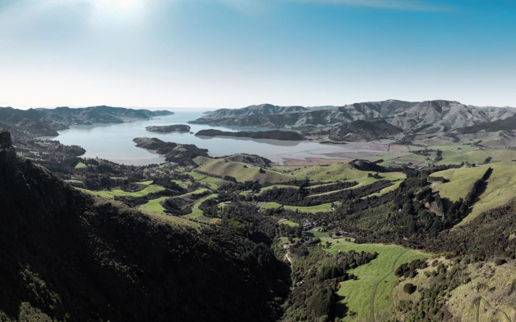 Panorama view from hill top, down valley into Lyttleton Harbour