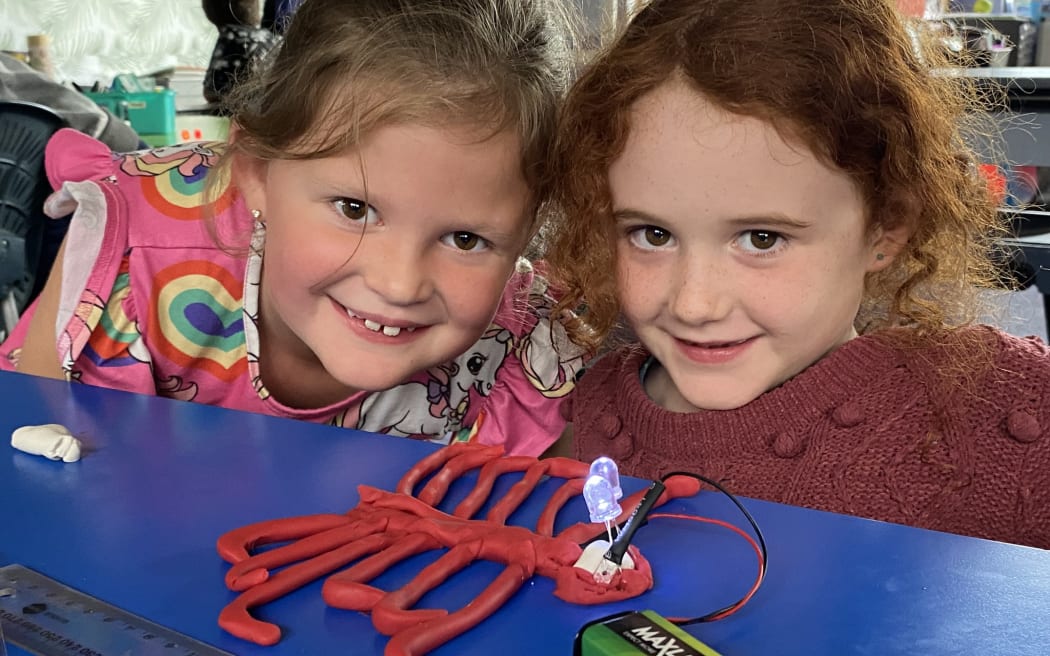 Two budding scientists using a resource kit.