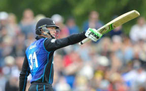 Black Caps batsman Martin Guptill celebrates his NZ record 50 during the 2nd ODI vs Sri Lanka, Hagley Oval, Christchurch. 28th December 2015. Copyright Photo: John Davidson / www.photosport.nz
