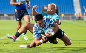 Blues Tamati Tua scores a try during  the Super Rugby Pacific match between Moana Pasifika and the Blues held at Mt Smart Stadium - Auckland - New Zealand  29  March  2022