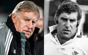 Sir Colin Meads at the All Blacks test against Wales in Dunedin, 19 June 2010, and at a rugby coaching school in Taumarunui on 30 May 1976.