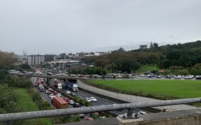 Cars stuck in gridlock traffic during heavy rain in Auckland on 9 May, 2023.