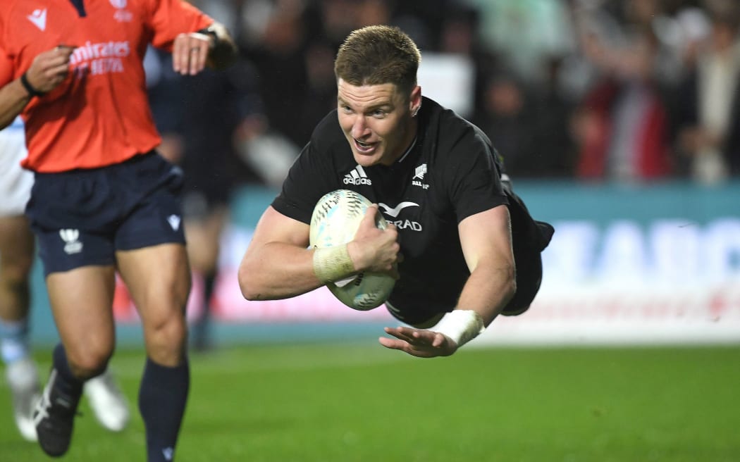 Jordie Barrett of the All Blacks scores against Argentina in the Rugby Championship match at FMG Waikato Stadium in Hamilton.