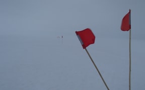 Small flags mark the safe route to walk during a white-out on the sea ice in front of Scott base, Antarctica.