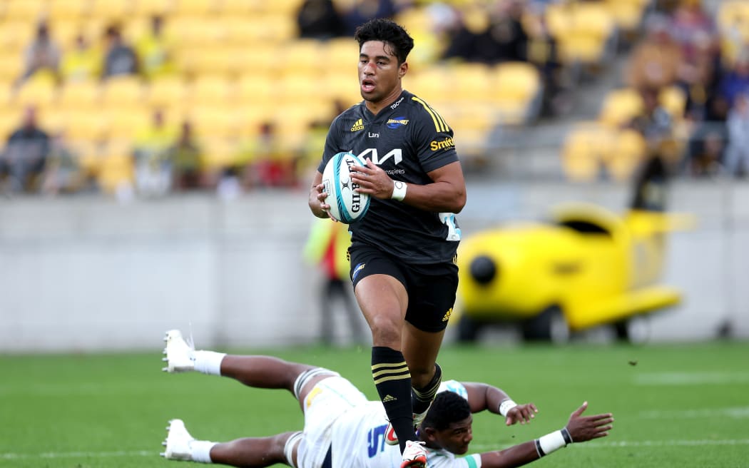 Hurricanes Salesi Rayasi and Fijian Dura  Sorovakatini Tuifagalele (Back) during the Super Rugby Pacific - Hurricanes v Fiji Drua at Sky Stadium in Wellington. 8 May 2022.