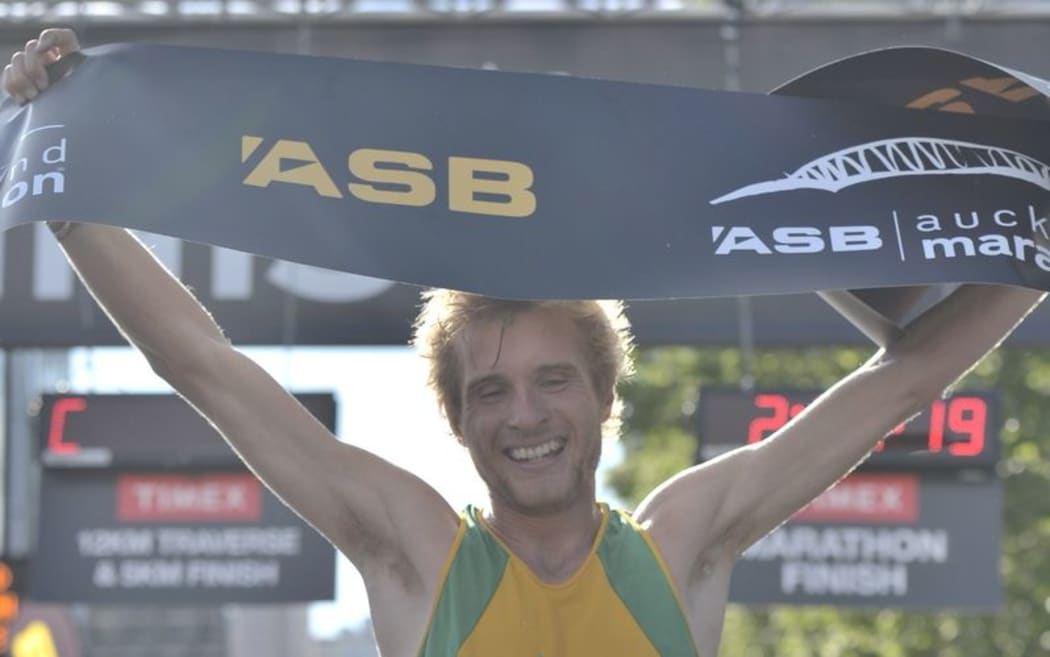 Waikato's Aaron Pulford after winning the men's Auckland Marathon