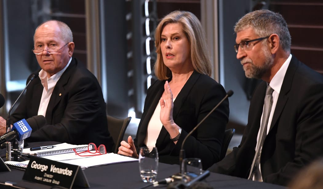 Ardent Leisure CEO Deborah Thomas, board chairman Neil Balnaves and director George Venardos speaking about the Dreamworld disaster