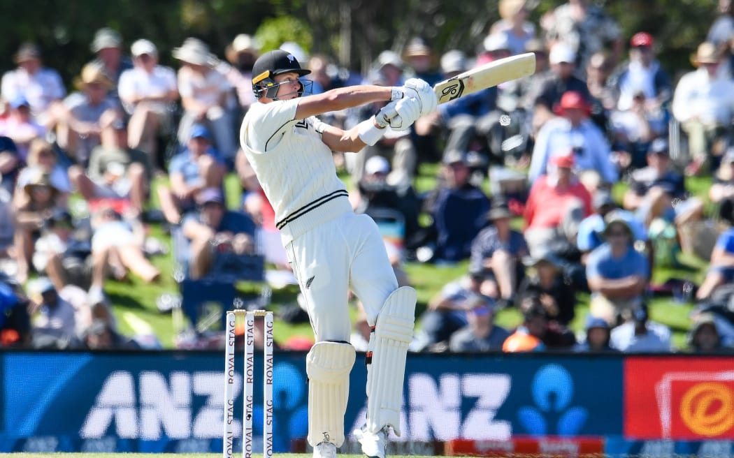 Kyle Jamieson of the Black Caps hits a 4 against India, 2020.