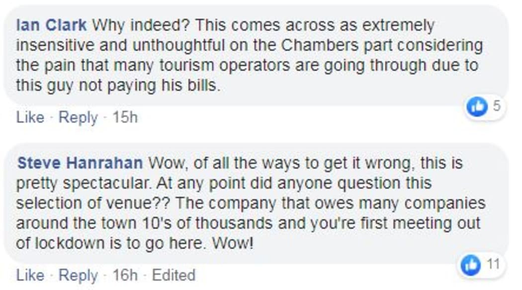 Comment on Facebook from Ian Clark and Steve Hanrahan on Andrew Cox Queenstown event.