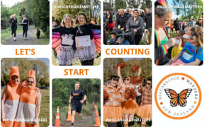 Montage of images from fundraising fun run with  people in orange and also the logo for miscarriage matters, a monarch butterfly