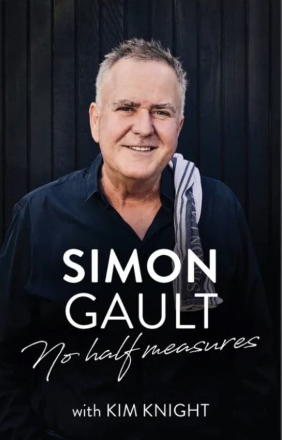 Cover shot of No Half Measures which has a photo of Simon Gault's face on a black background.