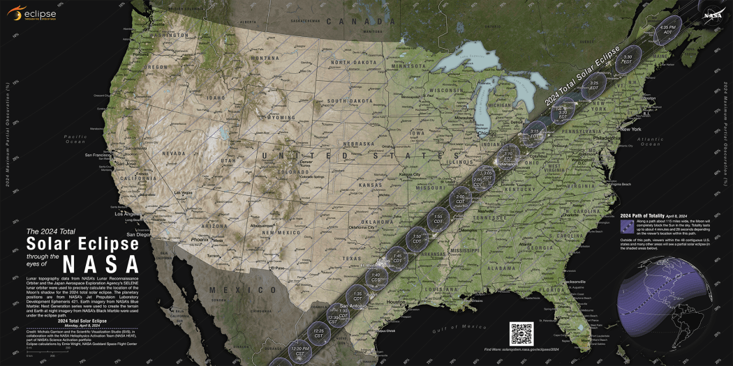 The path of totality and partial contours crossing the US for the 2024 total solar eclipse occurring on 8 April, 2024.