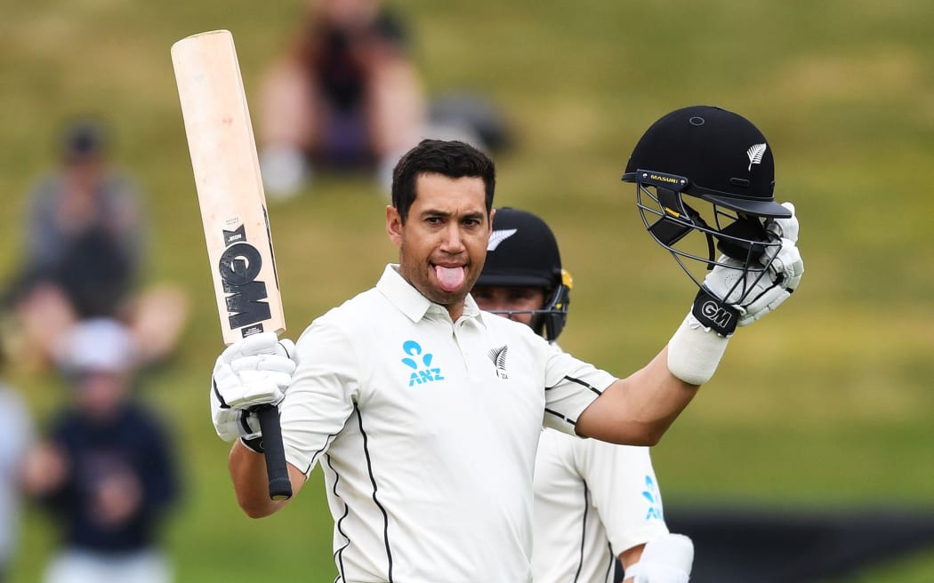 New Zealand batsman Ross Taylor celebrates his century against England.