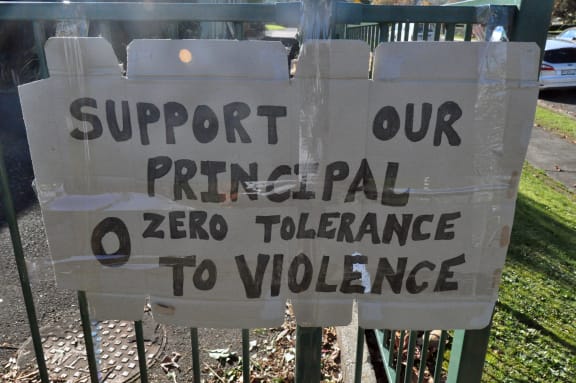 A sign at the school on Friday.