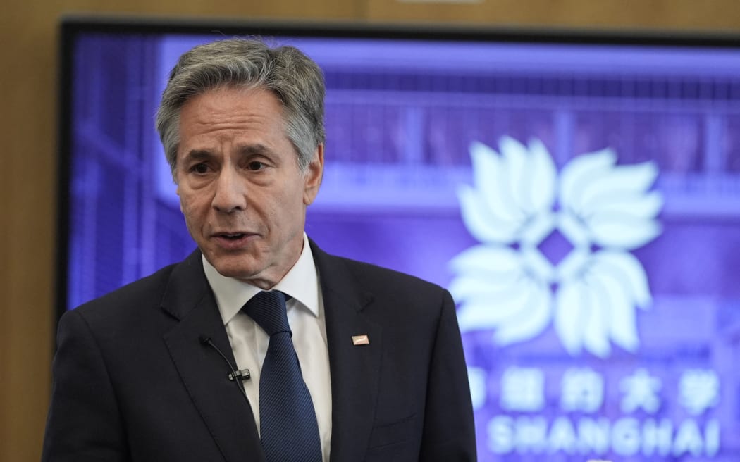 US Secretary of State Antony Blinken talks to students at New York University (NYU) Shanghai in Shanghai on April 25, 2024. (Photo by Mark Schiefelbein / POOL / AFP)