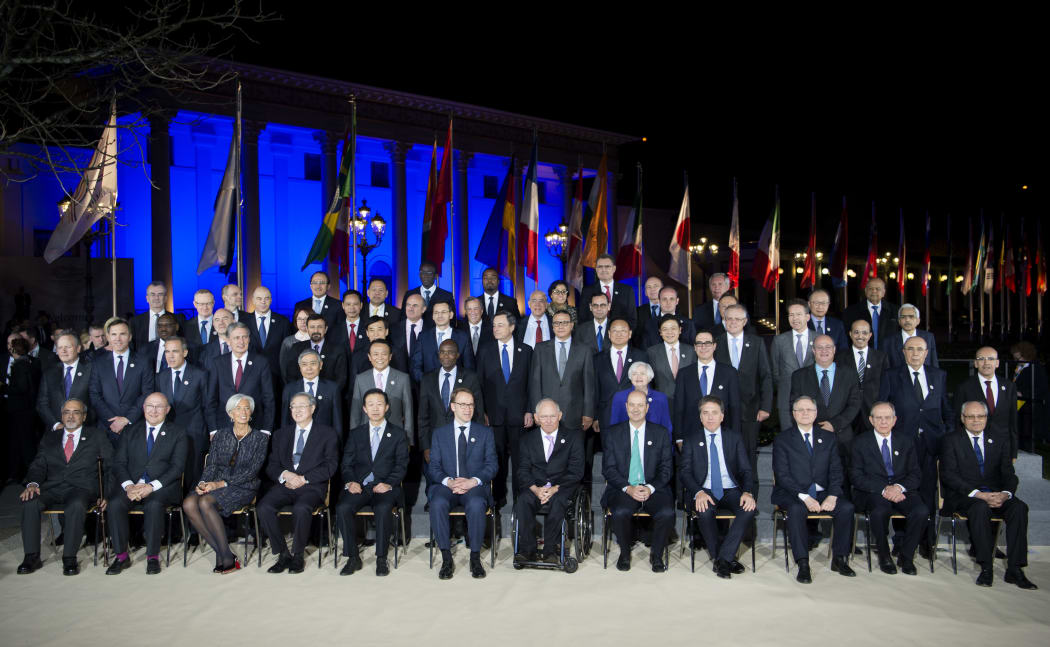 G20 finance ministers and central bankers take a group photo at the 2017 meeting in Baden Baden, Germany.