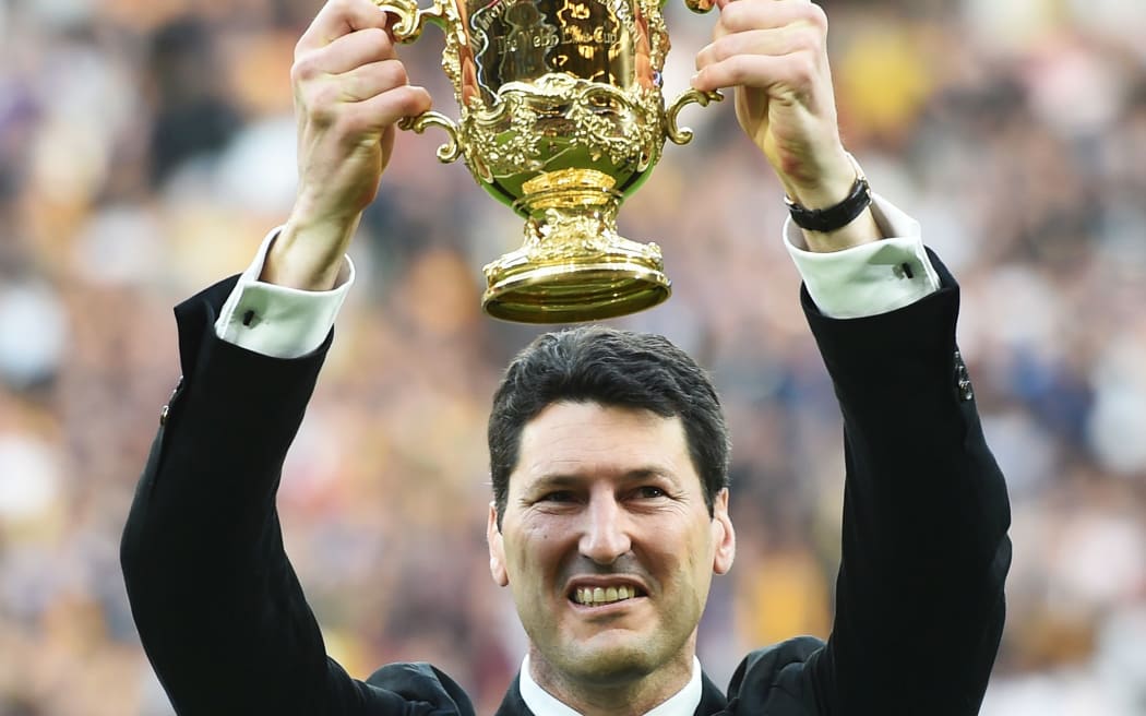 John Eales with the Webb Ellis Cup during the Rugby World Cup Final.