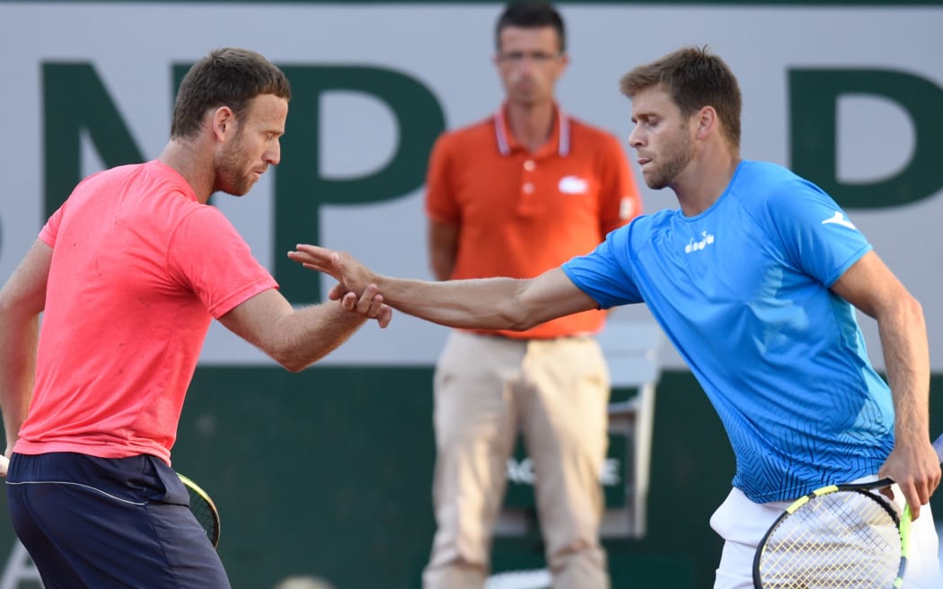 Michael Venus and  Ryan Harrison during the French Open doubles final.