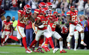 Kendall Fuller #29 of the Kansas City Chiefs celebrates after a interception against the San Francisco 49ers during the fourth quarter in Super Bowl LIV at Hard Rock Stadium.
