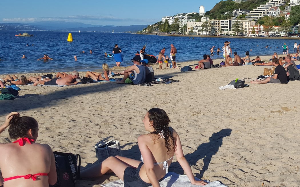 swimmers and sunbather on Oriental Bay beach