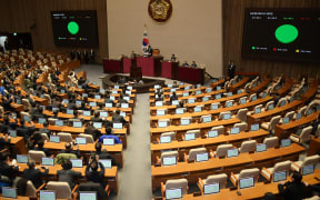 South Korea's National Assembly Speaker Woo Won-shik (C top) passes a resolution demanding the immediate lifting of martial law at the National Assembly in Seoul on December 4, 2024, after South Korea President Yoon Suk Yeol declared martial law. - South Korea's President Yoon Suk Yeol on December 3, declared martial law, accusing the opposition of being "anti-state forces" and saying he was acting to protect the country from "threats" posed by the North. (Photo by YONHAP / AFP) / - South Korea OUT / NO USE AFTER JANUARY 3, 2025 15:00:00 GMT -  - SOUTH KOREA OUT / NO ARCHIVES -  RESTRICTED TO SUBSCRIPTION USE