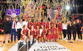 England celebrates winning the Cadbury Netball Series/Taini Jamison Trophy, 2021