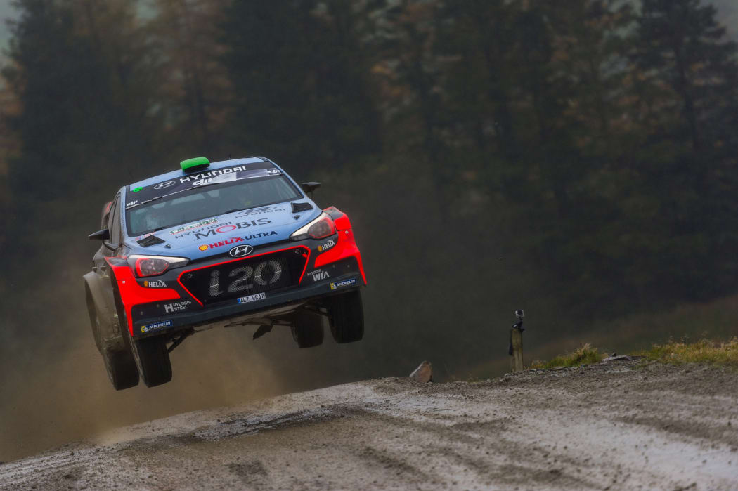 New Zealand rally driver Hayden Paddon competing at Rally Great Britain in Wales.