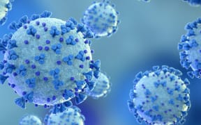 Microscopic close-up of the covid-19 disease. Blue Coronavirus illness spreading in body cell. 2019-nCoV analysis on microscope level 3D rendering
