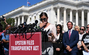 Marina Lacerda, accuser in the Jeffrey Epstein case, speaks during a press conference and rally in support of the victims of sex offender Jeffrey Epstein and his accomplice Ghislaine Maxwell outside the US Capitol in Washington, DC on 3 September, 2025.