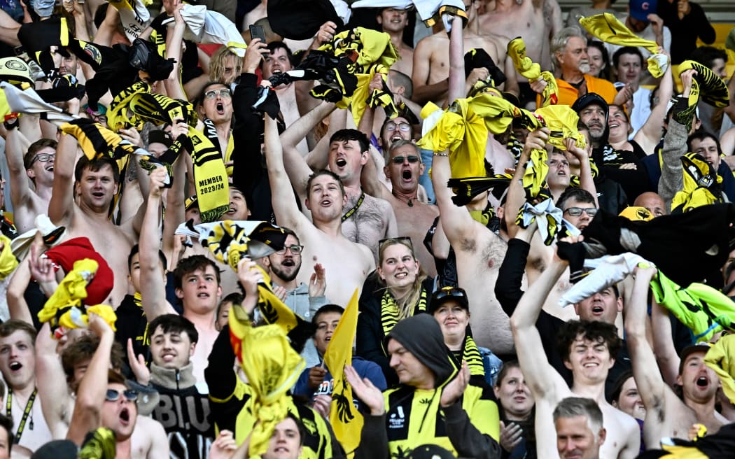 Fans celebrate to their win after the A-League - Wellington Phoenix v Western United at Sky Stadium, Wellington.