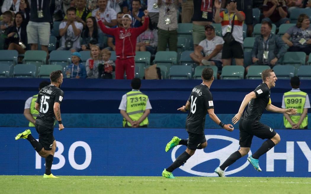 All Whites celebrate Chris Wood goal.