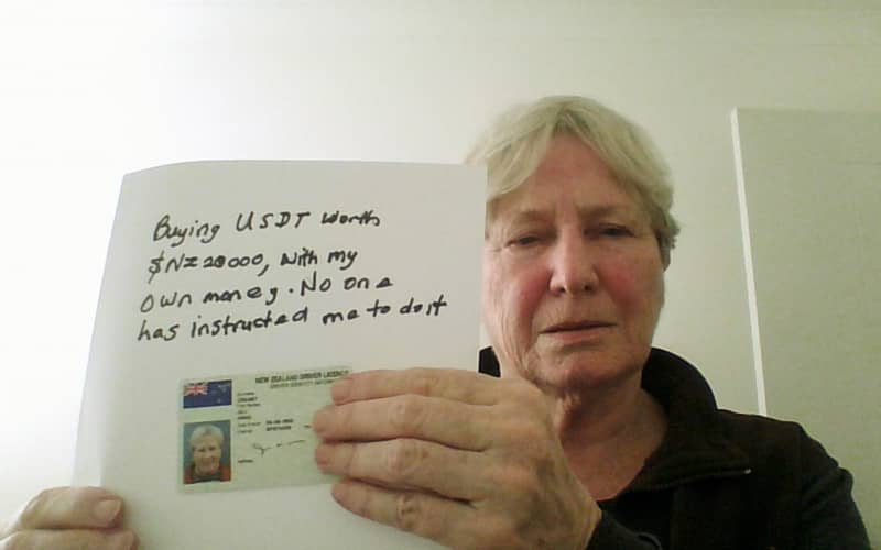 The scammers instructed Taranaki grandmother Jill Creasy to take this photo to demonstrate she was not being coerced into purchasing Bitcoin.