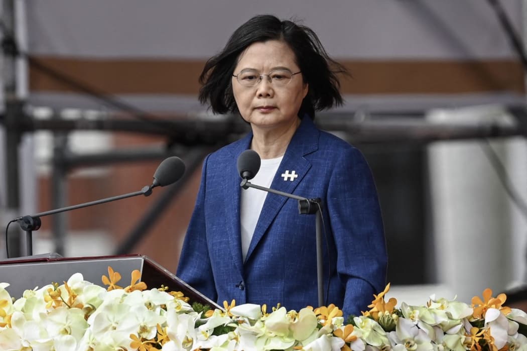 Taiwan's President Tsai Ing-wen speaks during national day celebrations in front of the Presidential Palace in Taipei on October 10, 2021.
