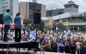 Protesters rallied over Israeli hostages being held in Gaza on Sunday at Auckland's Aotea Square.