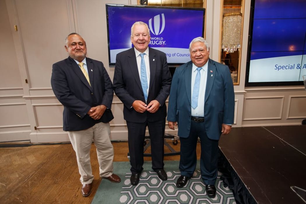 Fiji Rugby Union Chair Francis Kean, World Rugby Chair Bill Beaumont and Samoa Rugby Union Chair and PM, Tuilaepa Sailele Malielegaoi