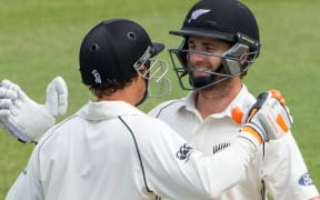 Kane Williamson and BJ Watling celebrate the former's double century against Sri Lanka in the second test at the Basin Reserve.