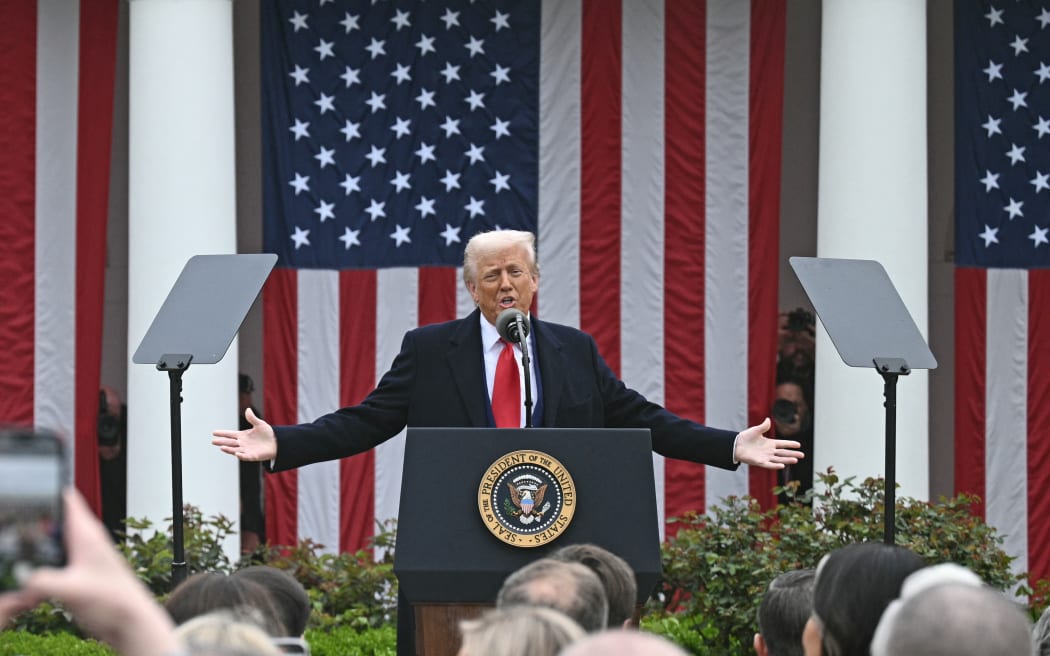 US President Donald Trump delivers remarks on reciprocal tariffs during an event in the Rose Garden entitled "Make America Wealthy Again" at the White House in Washington, DC, on April 2, 2025.