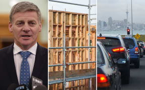 A composite image shows Bill English, a housing development in Hobsonville and congested traffic in Auckland.
