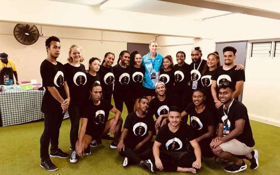 The Mata hip-hop dance crew with Fiji rugby official Demelza Fellowes during a function hosted by the FRU in Suva.