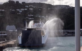 The last sail for Aratere Interisland ship, other interisland ships send off by spraying water