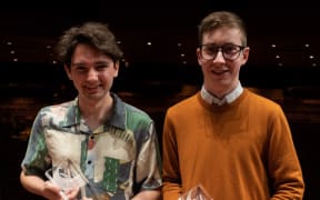 NZSO Todd Young Composers Awards 2021. Left to right: Overall winner Micah Thompson, Orchestra's Choice winner Jack Bewley