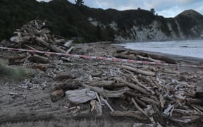 Caution tape over popular beach spots near at Tolaga Bay.