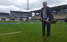 Napier Mayor Bill Dalton turns the first sod in the long-awaited $4.9m redevelopment of the troubled McLean Park.