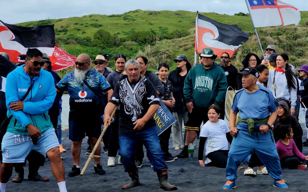 People marching through Patea in a hīkoi to oppose seabed mining, on 2 October, 2024.
